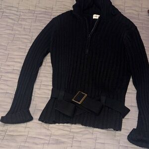 Elegant Black Ribbed Sweater with Belt